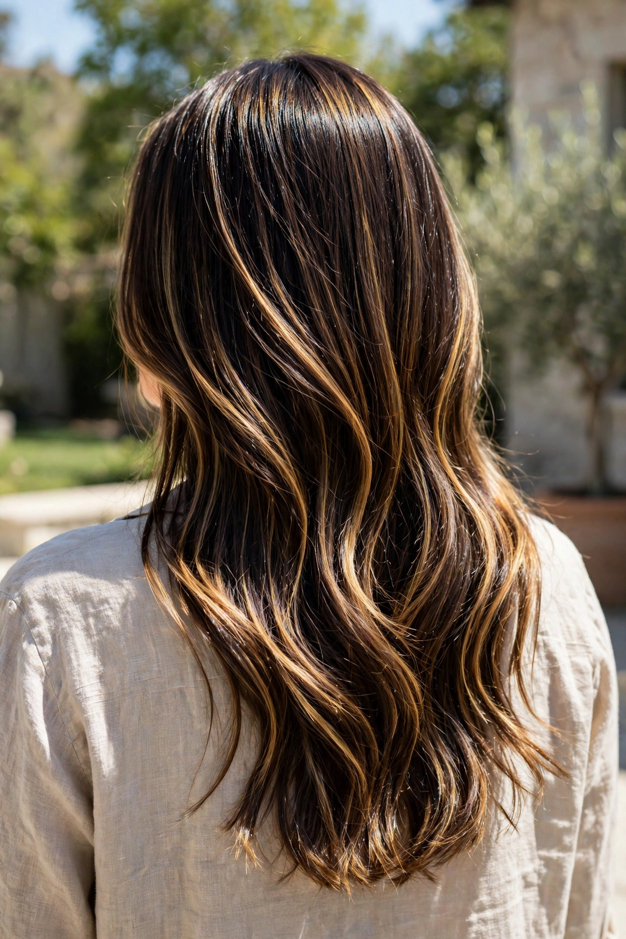 A woman with long dark chocolate hair and golden lift highlights, seen from behind, standing outdoors in bright daylight, clean bright style.