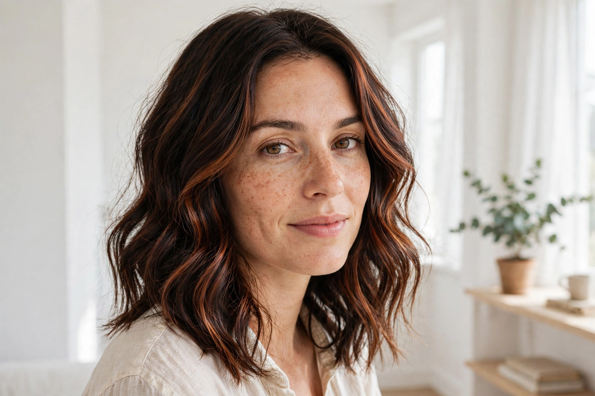 A woman with wavy dark hair featuring copper lift highlights, photographed from a front three-quarter angle in a bright room with white walls, clean bright style.