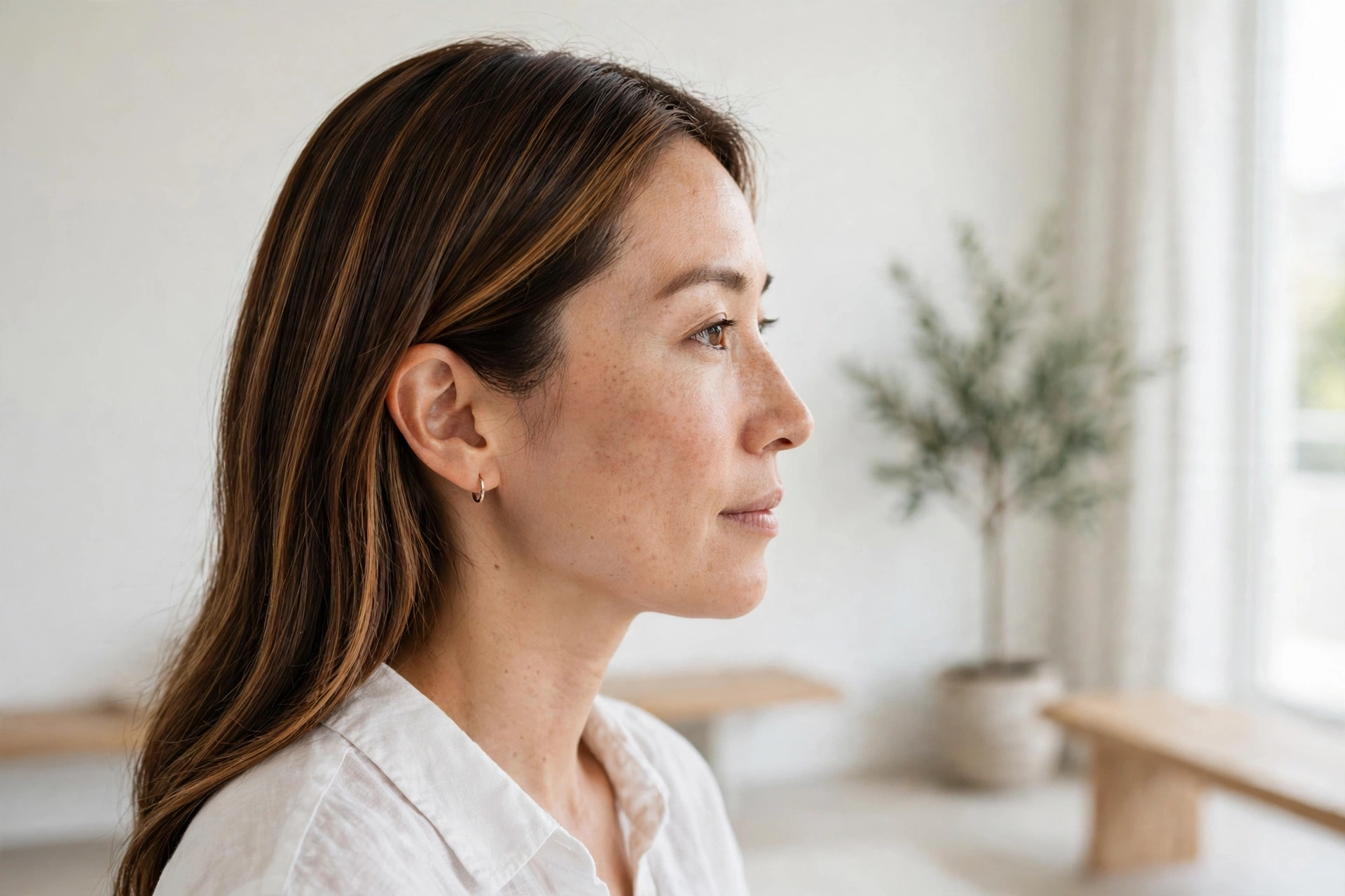 A woman with a smooth styled finish showing toffee lift highlights on espresso brown hair, in a bright minimal interior, photographed from the side, clean bright style.