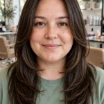 A woman with a round face and long hair with soft face-framing layers starting below the chin, photographed from the front in a bright salon with soft daylight, wearing a simple sage-green top, the layered frame clearly visible on both sides of her face.