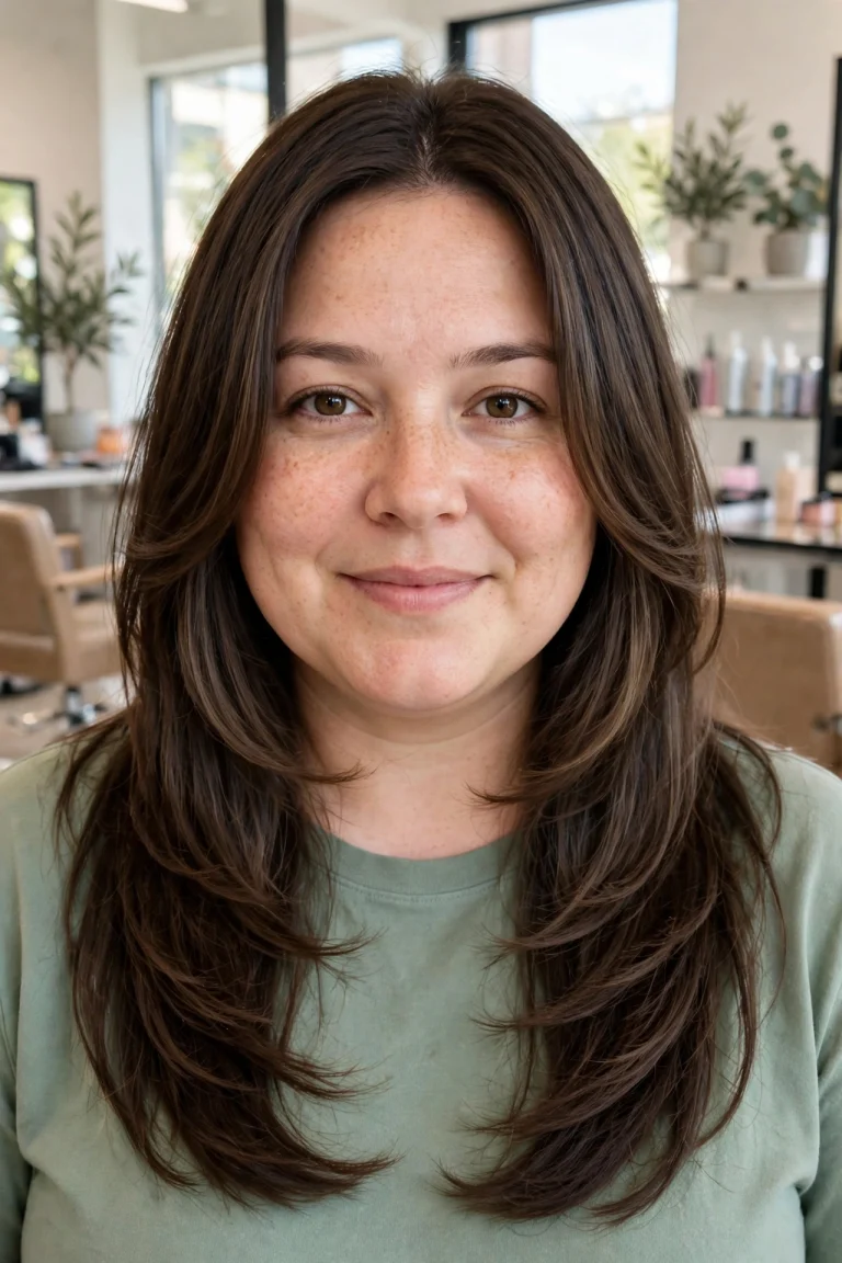 A woman with a round face and long hair with soft face-framing layers starting below the chin, photographed from the front in a bright salon with soft daylight, wearing a simple sage-green top, the layered frame clearly visible on both sides of her face.