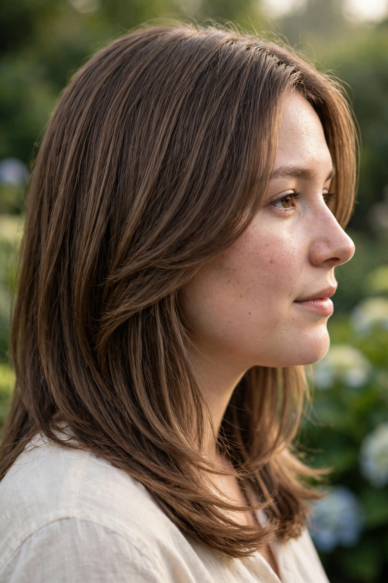 Close-up side view of a woman with long face-framing layers falling past her jaw in gentle, smooth lines, photographed outdoors in soft morning light against a blurred garden background.