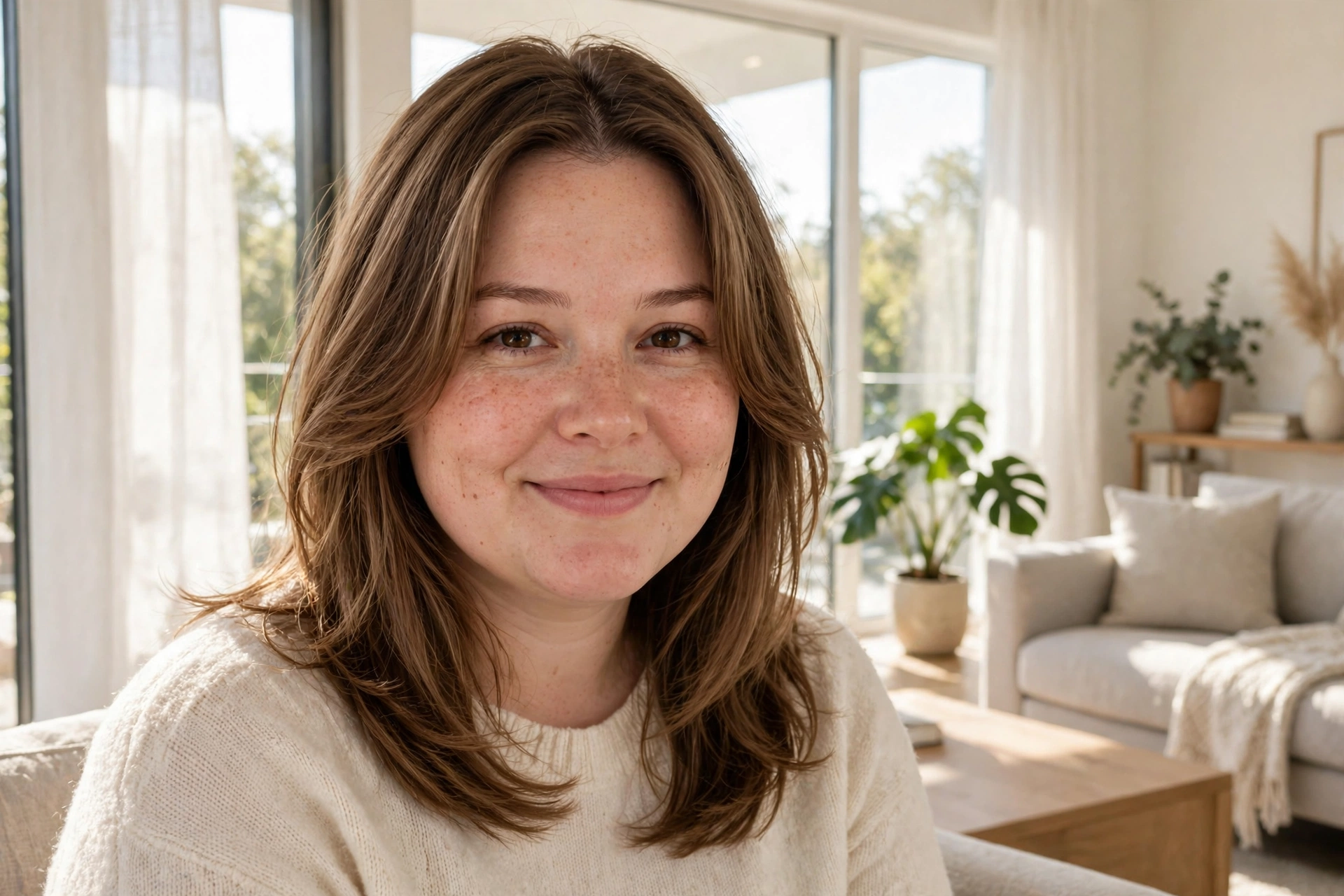 A woman with a round face smiling softly, her medium-length hair styled with long sweeping face-framing layers and a centre part, seated by a sunny window in a bright, modern living room.
