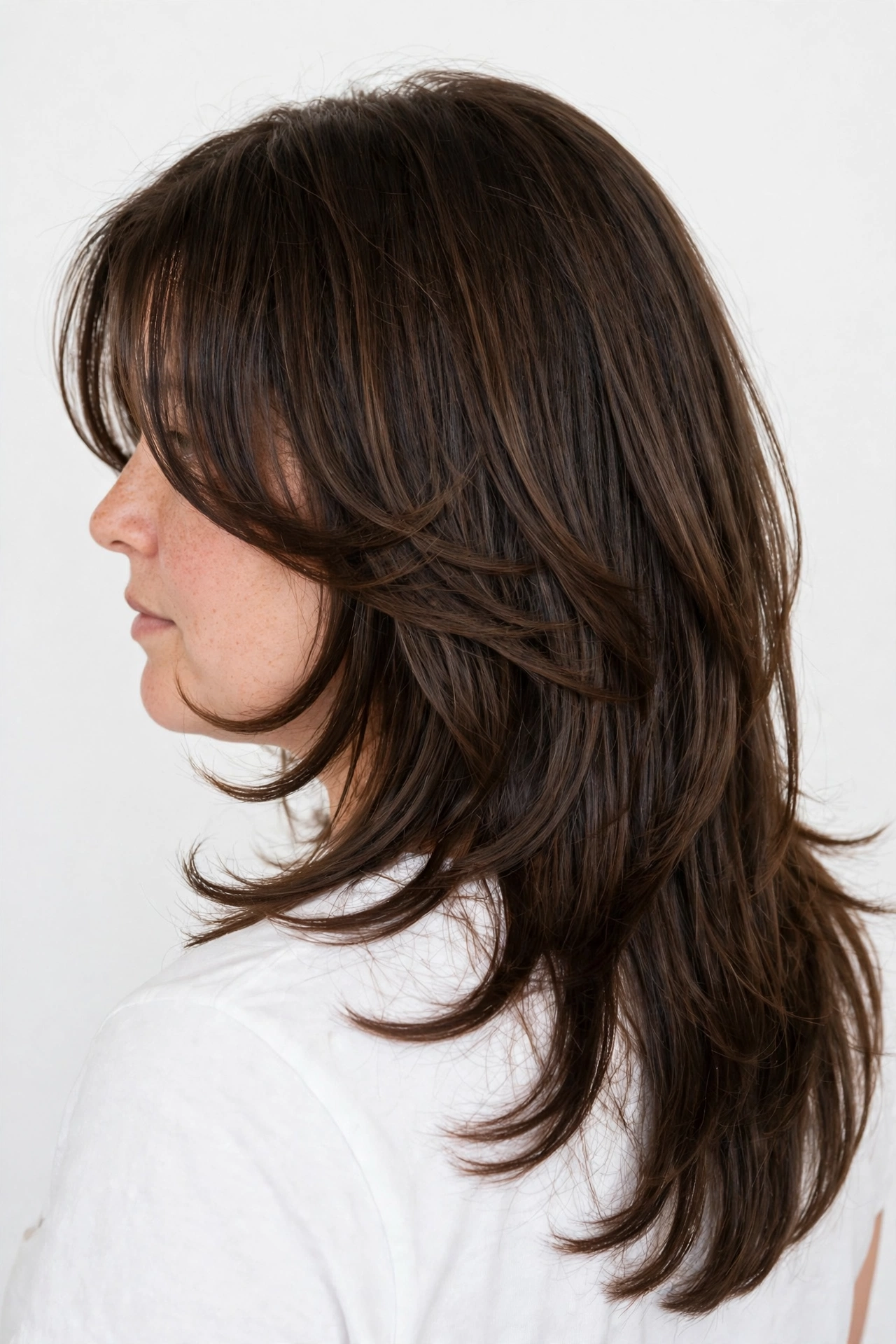 Back-and-side view of a woman with a round face and long layered hair, the face-framing pieces curving forward around her cheeks, photographed in a bright studio with a plain light background.