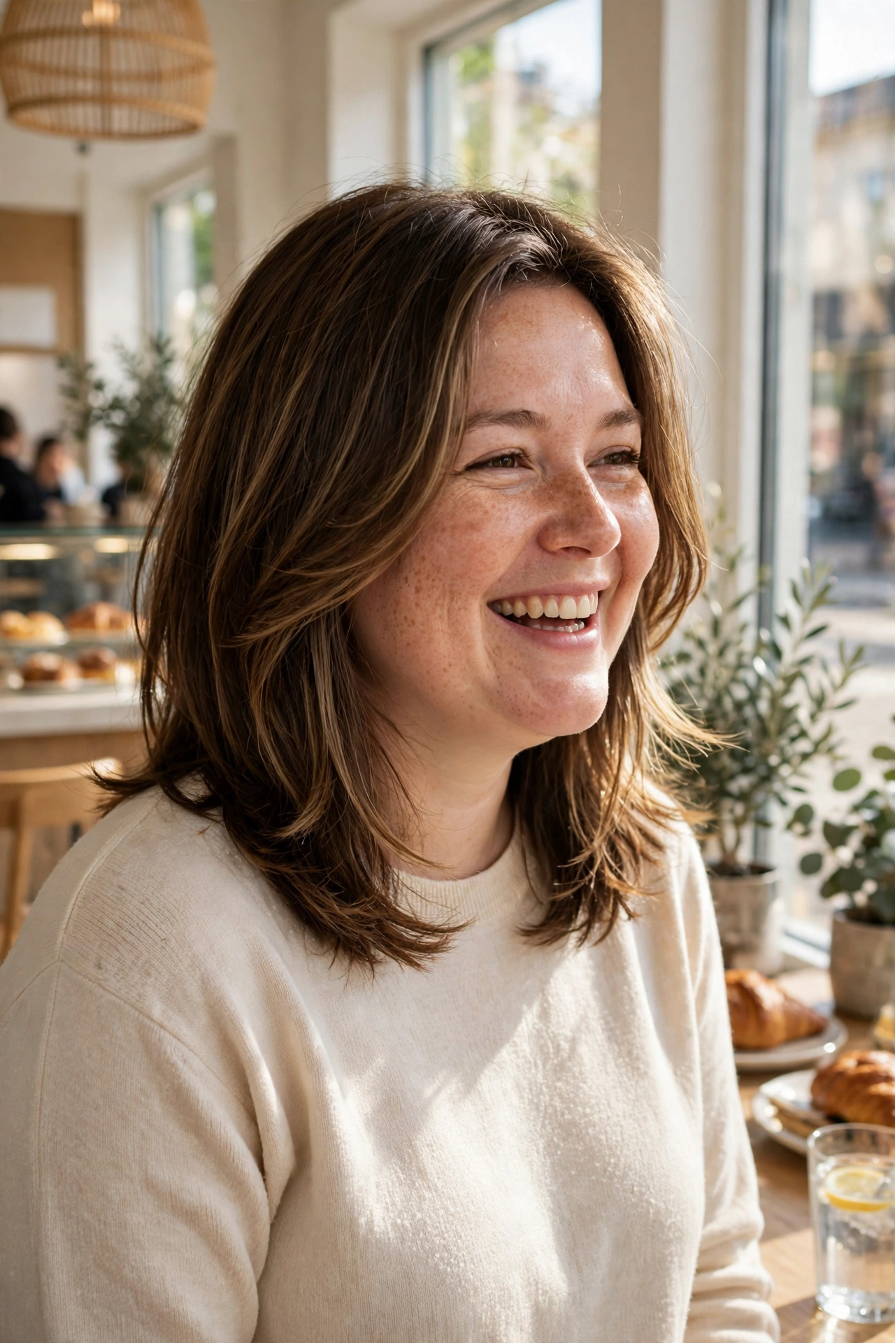 A woman with a round face and shoulder-length hair with blended face-framing layers, laughing gently while standing in a bright café, the layered frame catching natural window light.