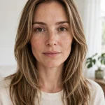 A woman with an oval face and long hair with delicate cheekbone-length face-framing layers, photographed from the front in a bright, airy room with white walls and soft daylight, wearing a cream top.