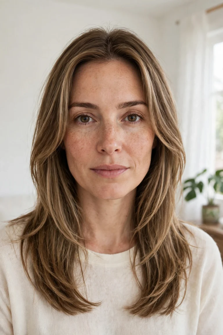 A woman with an oval face and long hair with delicate cheekbone-length face-framing layers, photographed from the front in a bright, airy room with white walls and soft daylight, wearing a cream top.