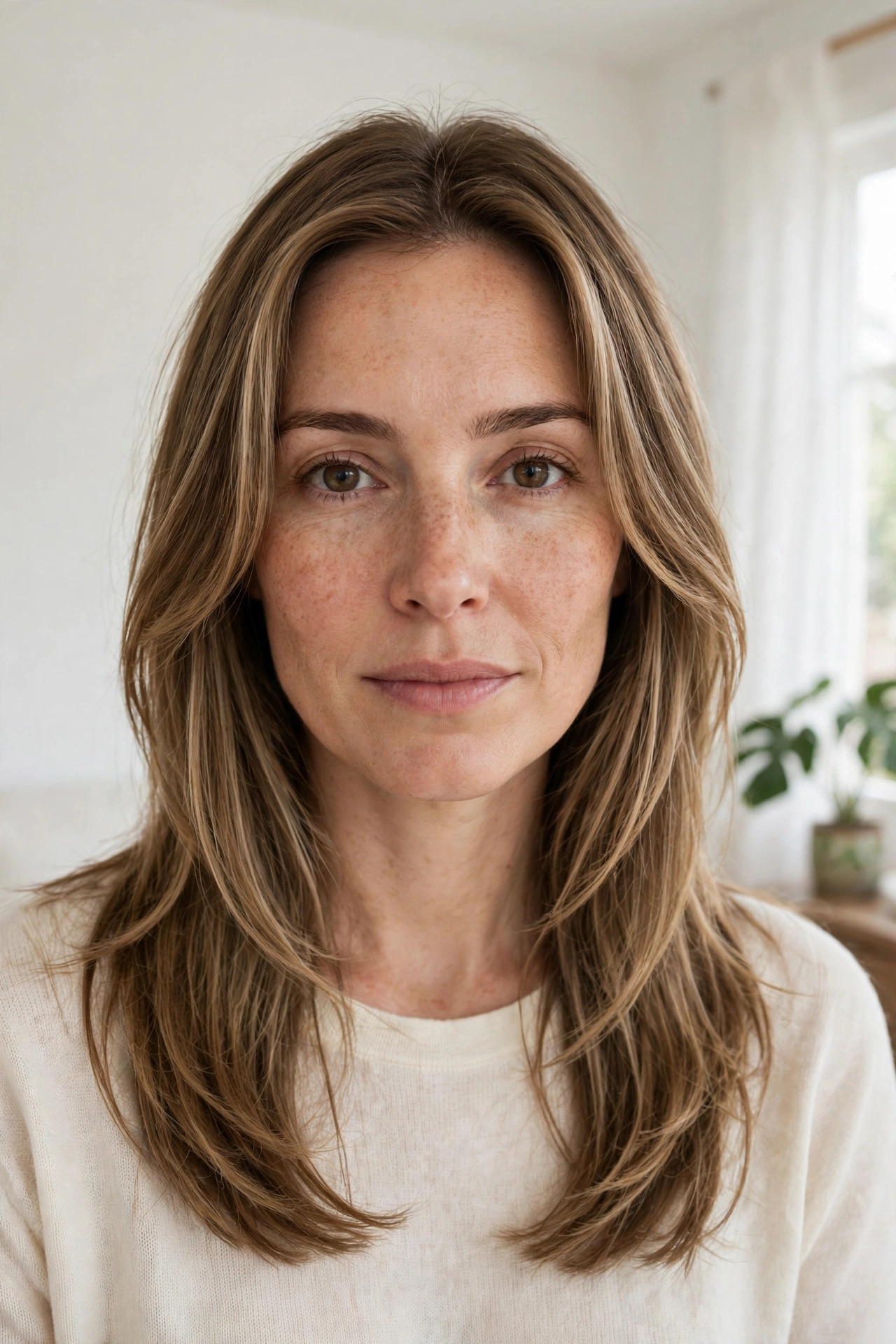 A woman with an oval face and long hair with delicate cheekbone-length face-framing layers, photographed from the front in a bright, airy room with white walls and soft daylight, wearing a cream top.