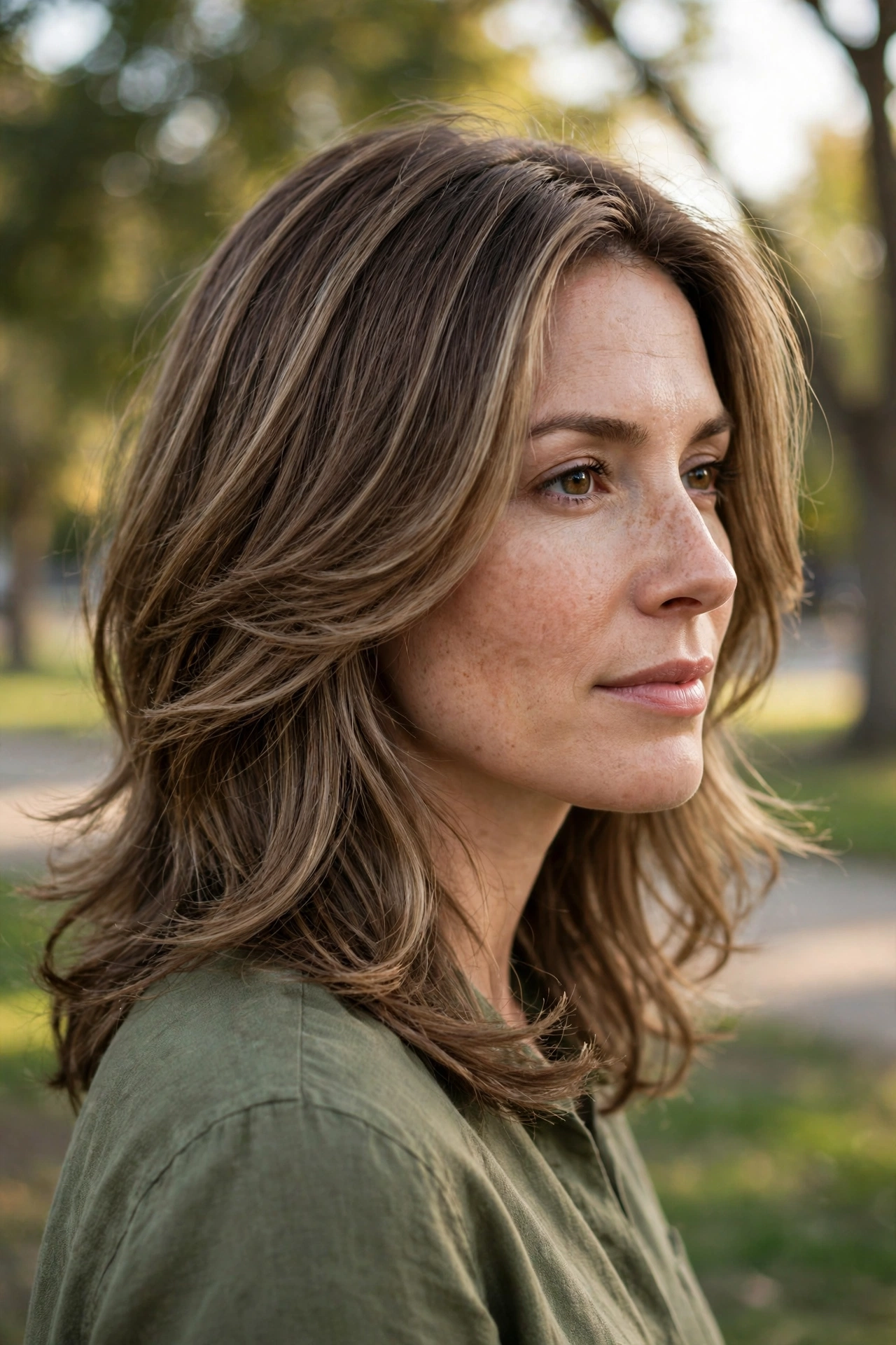 Three-quarter view of a woman with an oval face, her face-framing layers sweeping softly away from her face, photographed outdoors in gentle afternoon light against a blurred park background.