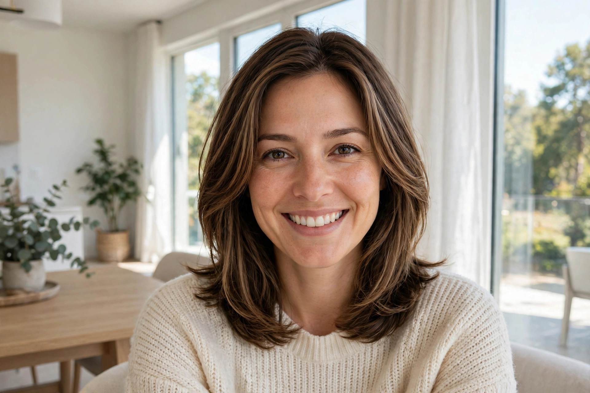 A woman with an oval face and medium-length hair with blended face-framing layers, smiling at the camera while seated near a large window in a bright modern home.