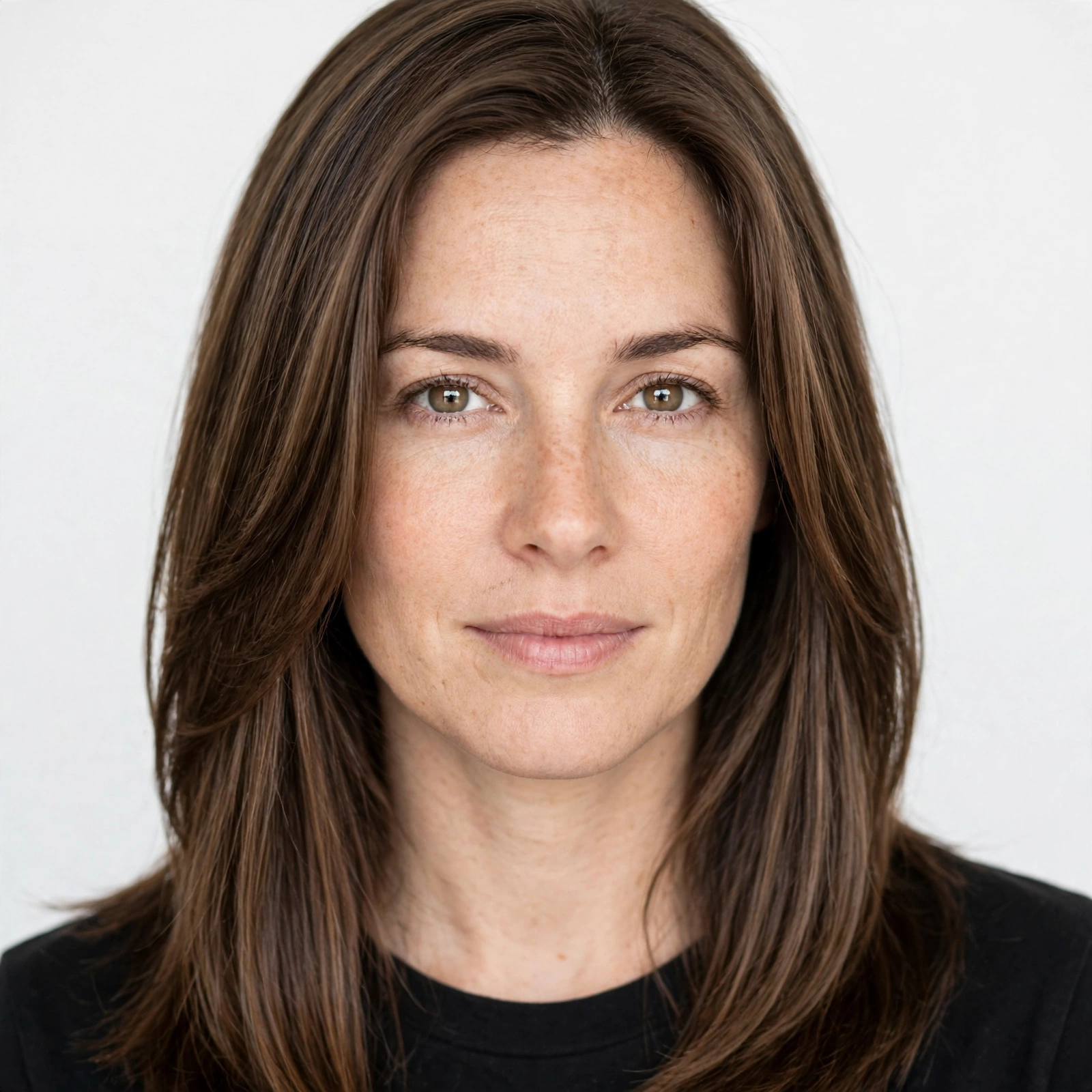 Close-up portrait of a woman with an oval face, her long layered frame falling in smooth lines on both sides, photographed in a bright studio with a plain light background.
