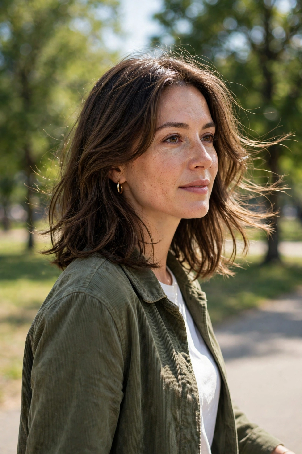 A woman with an oval face and shoulder-length hair with soft, feathered face-framing layers, walking outdoors on a bright day with trees softly blurred behind her.