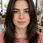 A woman with a square face and long hair with curved face-framing layers softening her jawline, photographed from the front in a bright salon with soft daylight, wearing a muted rose top.