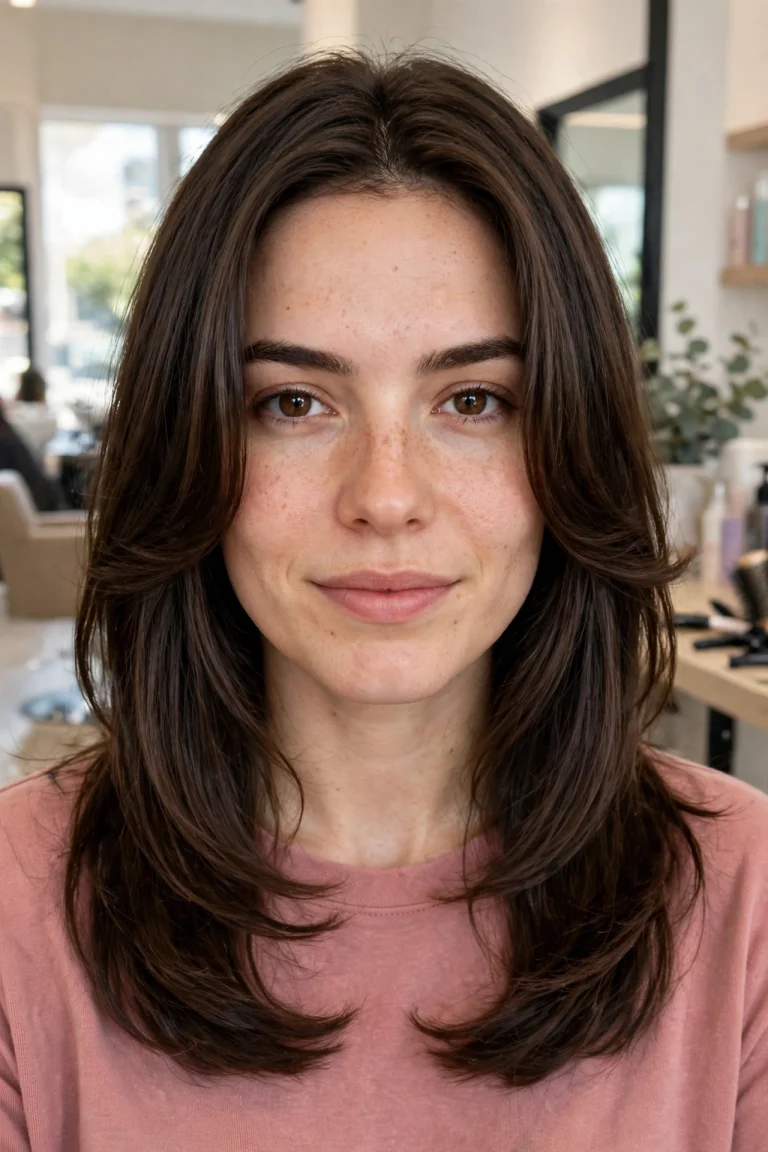 A woman with a square face and long hair with curved face-framing layers softening her jawline, photographed from the front in a bright salon with soft daylight, wearing a muted rose top.