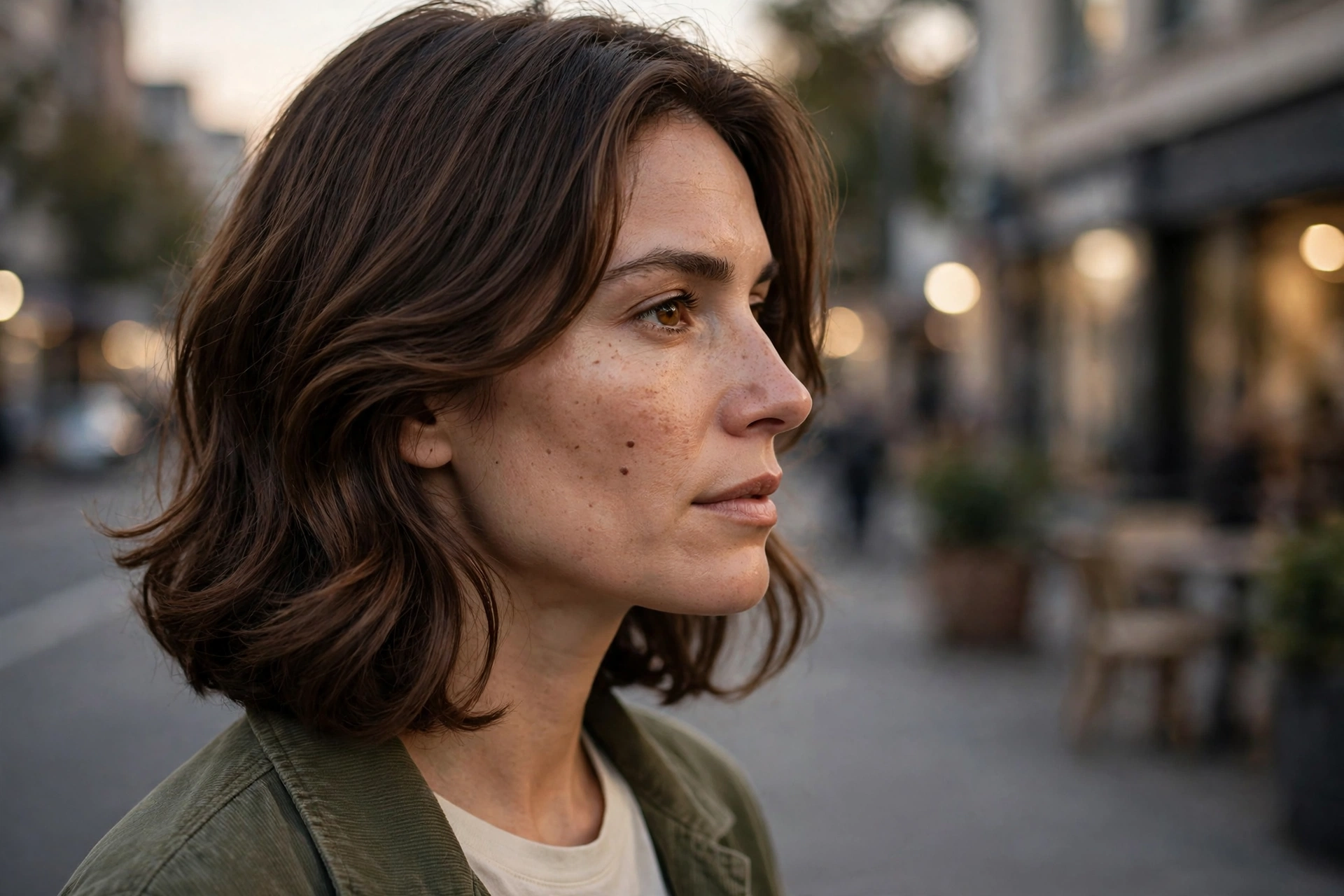 Side view of a woman with a square face, her face-framing layers curving inward at the jaw, photographed outdoors in soft evening light against a blurred street background, hair reading shoulder-length.