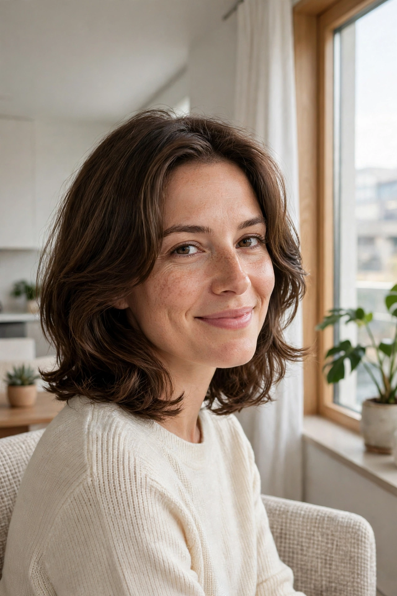 A woman with a square face and medium-length hair with soft, rounded face-framing layers, smiling gently while seated by a window in a bright, modern room.