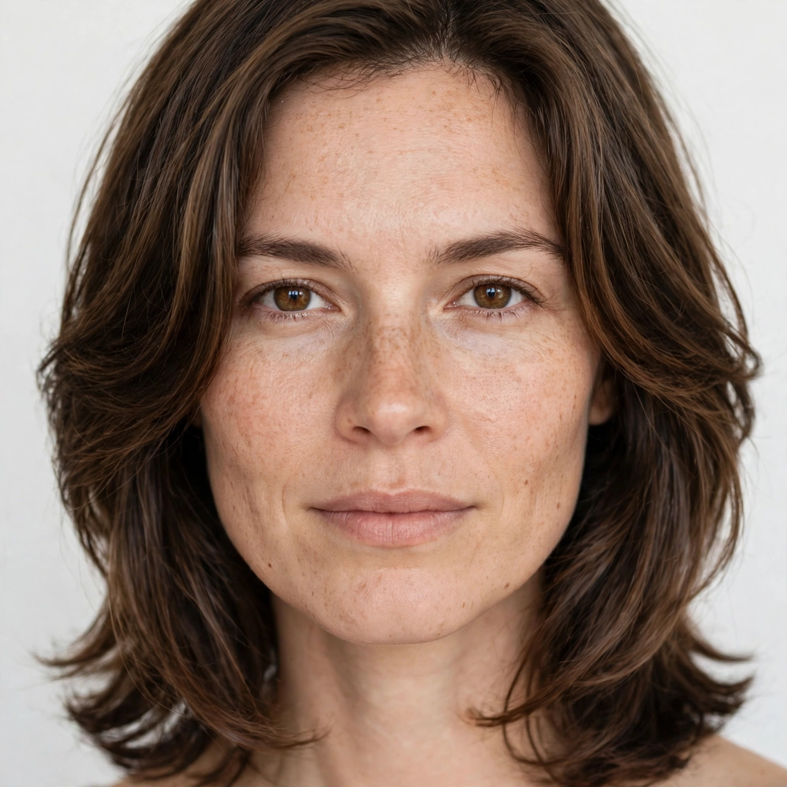Close-up portrait of a woman with a square face, her layered frame falling in gentle curves around her cheeks and jaw, photographed in a bright studio with a plain light background.