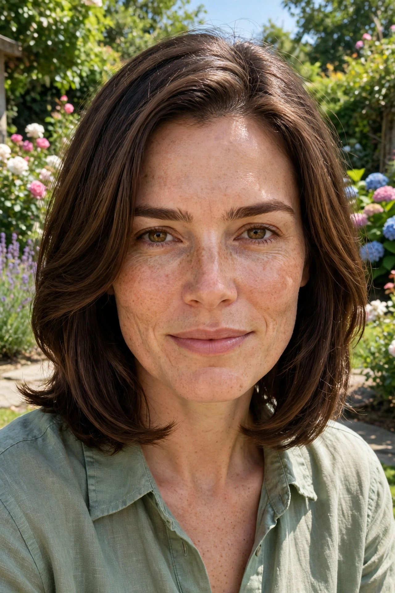 A woman with a square face and shoulder-length hair with blended, turned-under face-framing layers, photographed outdoors on a bright day in a garden setting.