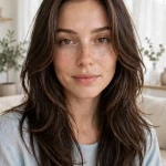A woman with a heart-shaped face and long hair with face-framing layers that gain softness around the jaw, photographed from the front in a bright, airy room with soft daylight, wearing a pale blue top.