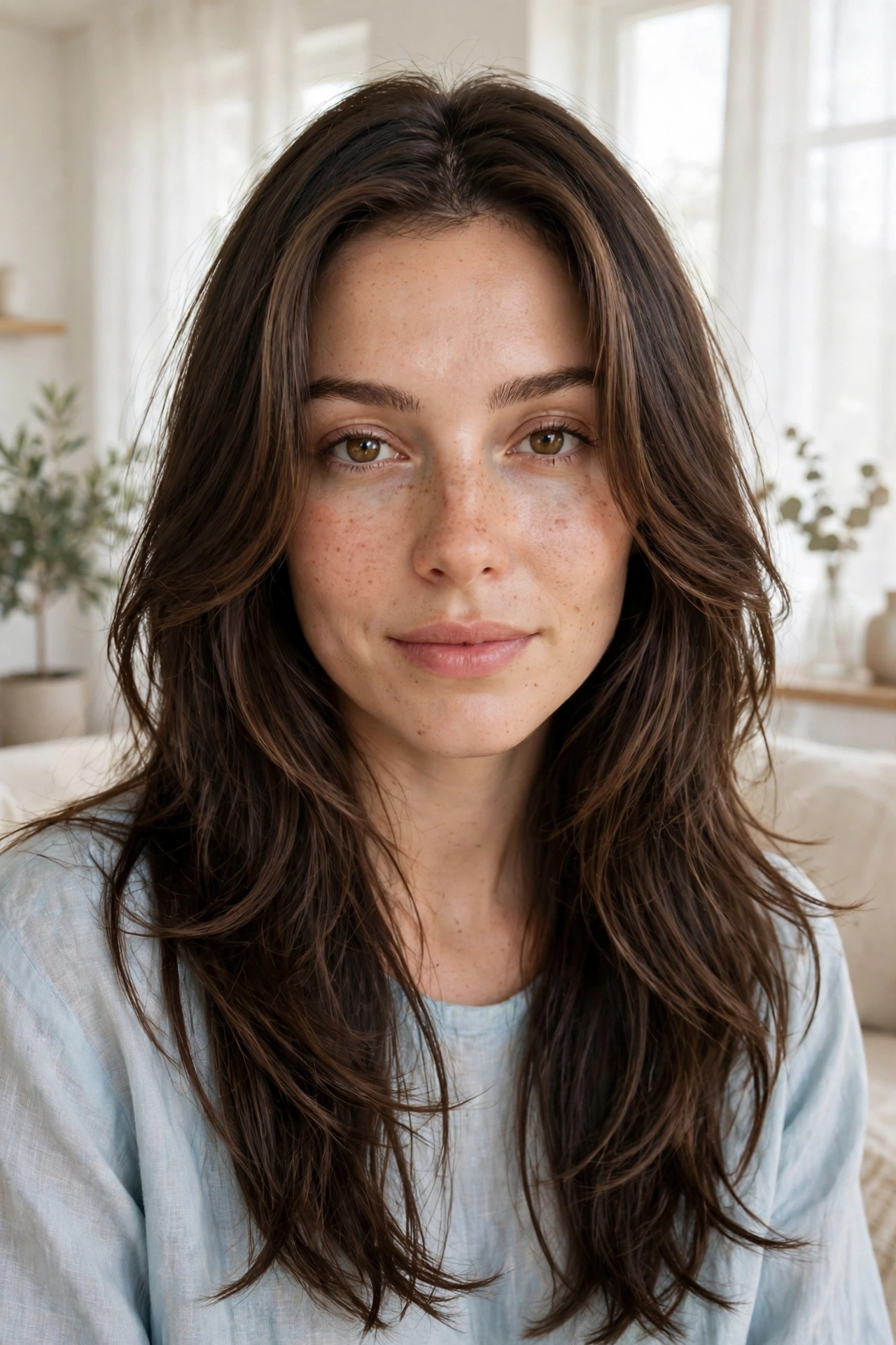 A woman with a heart-shaped face and long hair with face-framing layers that gain softness around the jaw, photographed from the front in a bright, airy room with soft daylight, wearing a pale blue top.