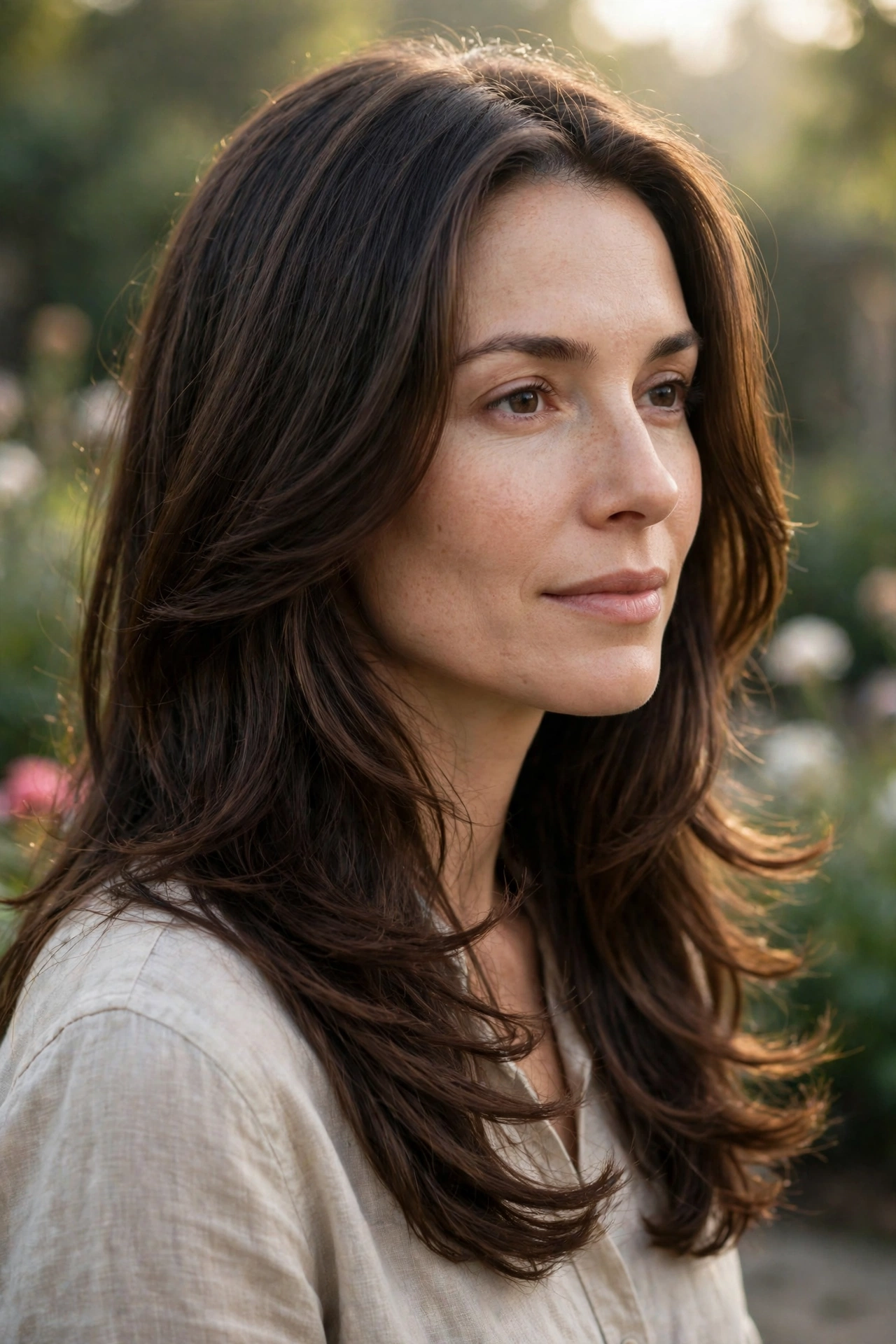 Three-quarter view of a woman with a heart-shaped face, her layered frame curving gently outward below the chin, photographed outdoors in gentle morning light against a blurred garden background, without glasses, long hair.
