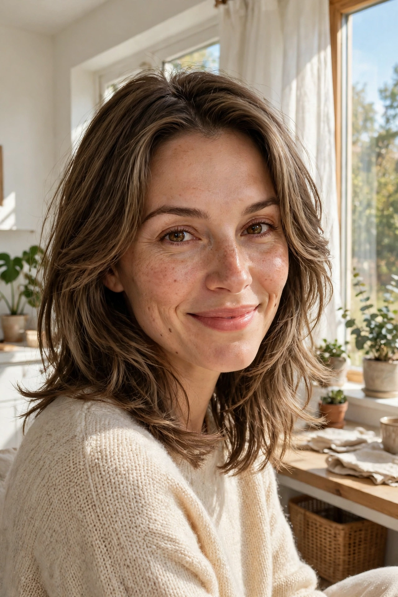 A woman with a heart-shaped face and medium-length hair with layered pieces framing her jaw, smiling softly while seated near a sunny window in a bright home.