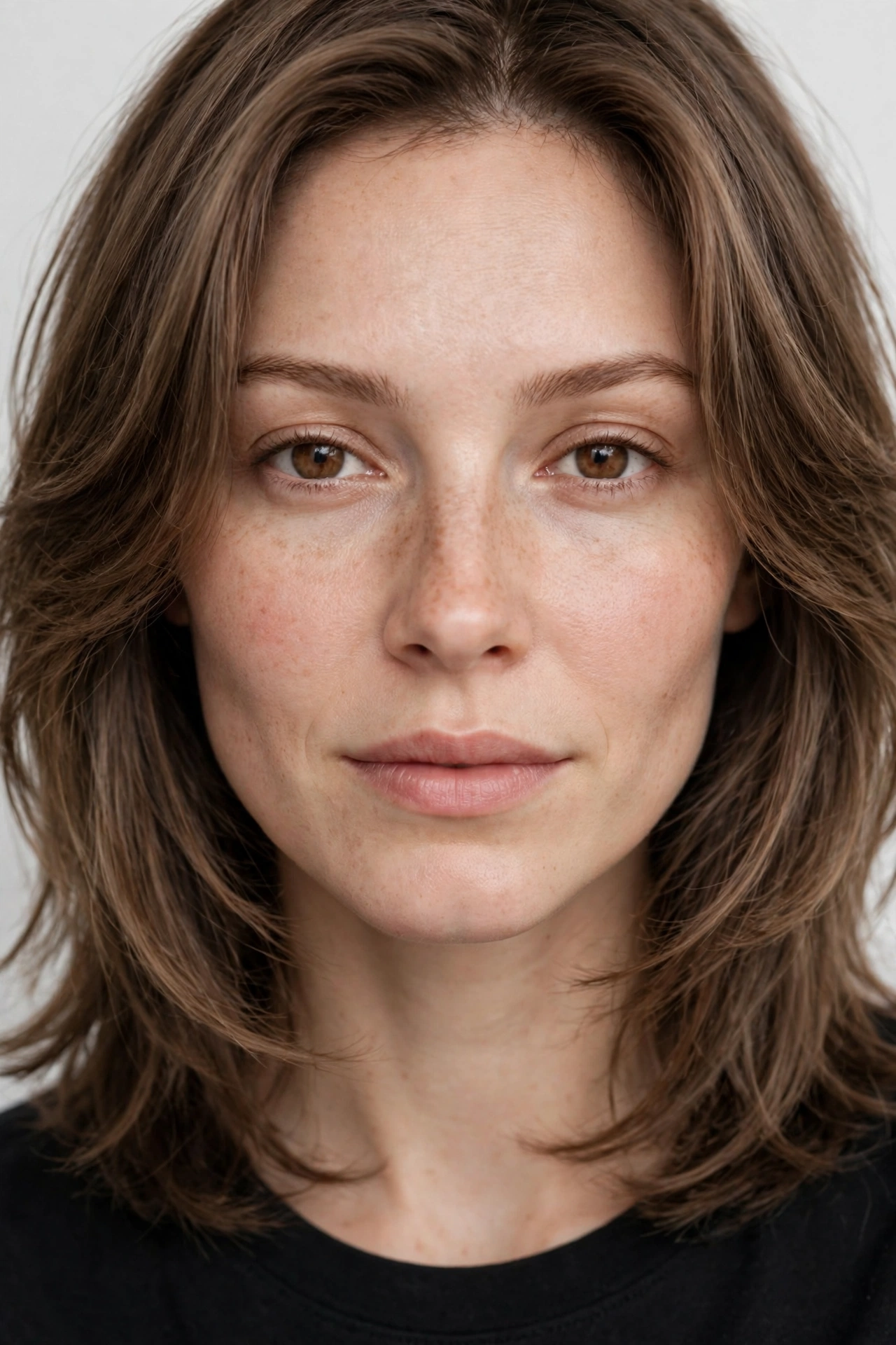 Close-up portrait of a woman with a heart-shaped face, her face-framing layers falling in soft, full lines around her jaw, photographed in a bright studio with a plain light background.