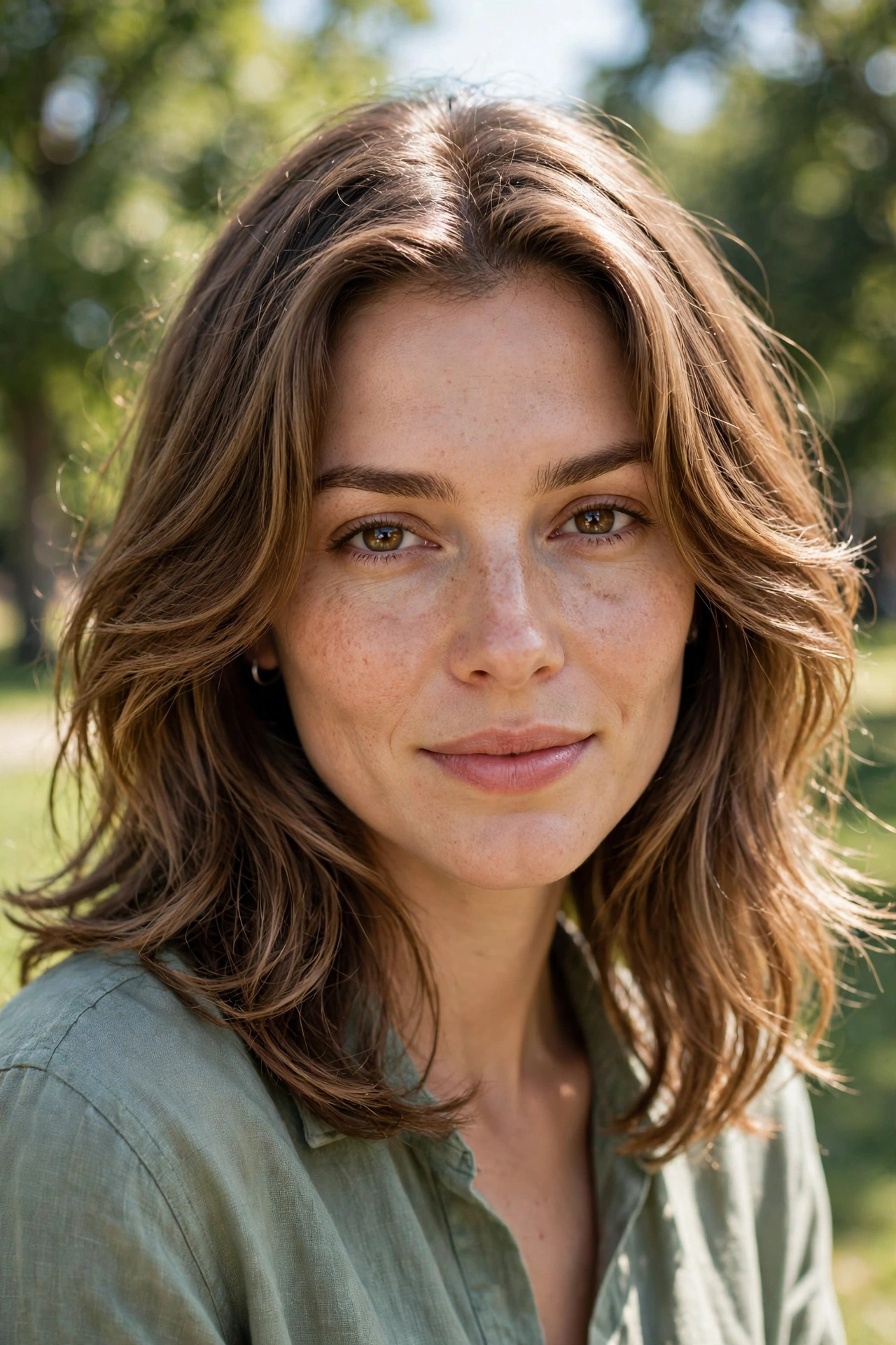 A woman with a heart-shaped face and shoulder-length hair with flowing face-framing layers, photographed outdoors on a bright day with soft green trees blurred behind her.