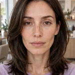 A woman with a long face and medium-length hair with full face-framing layers around the cheeks, photographed from the front in a bright salon with soft daylight, wearing a soft lavender top.