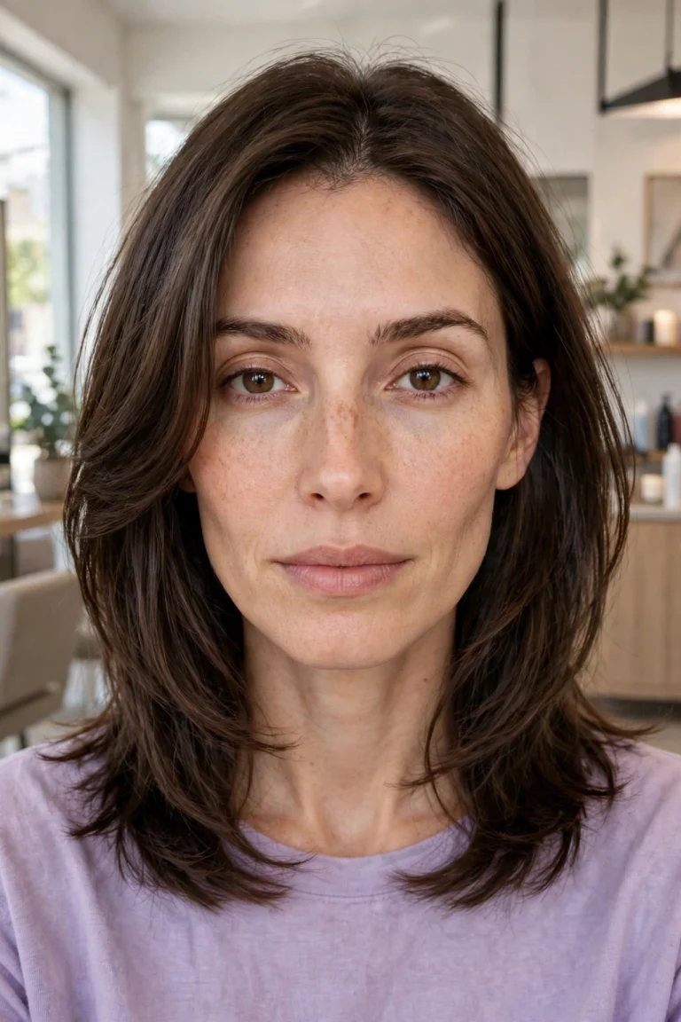 A woman with a long face and medium-length hair with full face-framing layers around the cheeks, photographed from the front in a bright salon with soft daylight, wearing a soft lavender top.