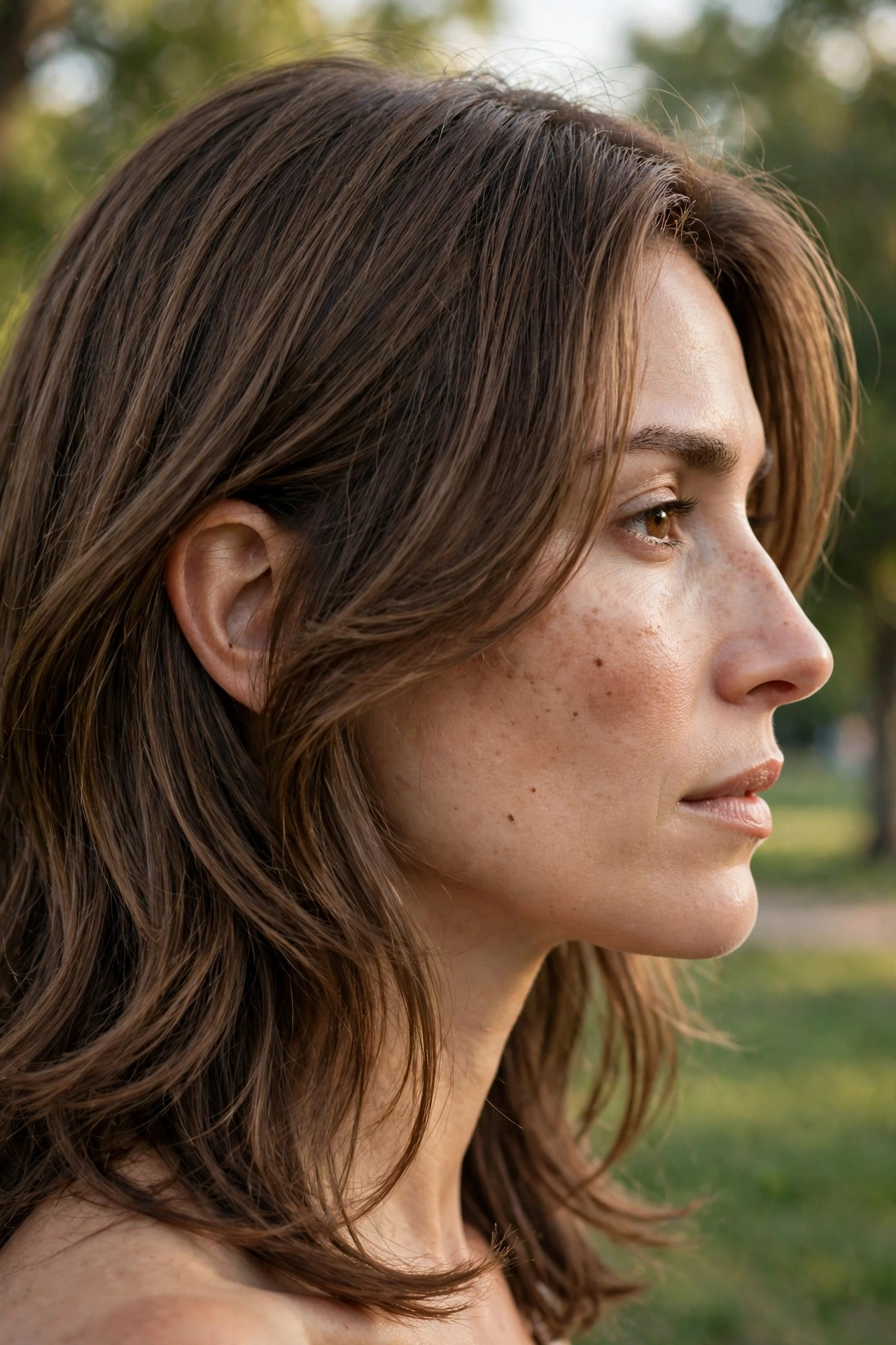 Side view of a woman with a long face, her cheekbone-length face-framing layers adding gentle width, photographed outdoors in soft afternoon light against a blurred park background.