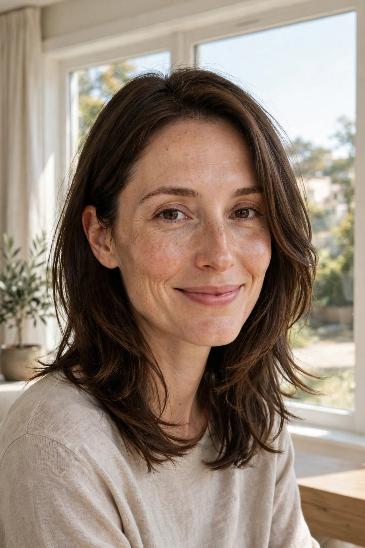 A woman with a long face and shoulder-length hair with layered pieces framing her cheeks and jaw, smiling gently while seated by a large window in a bright room.