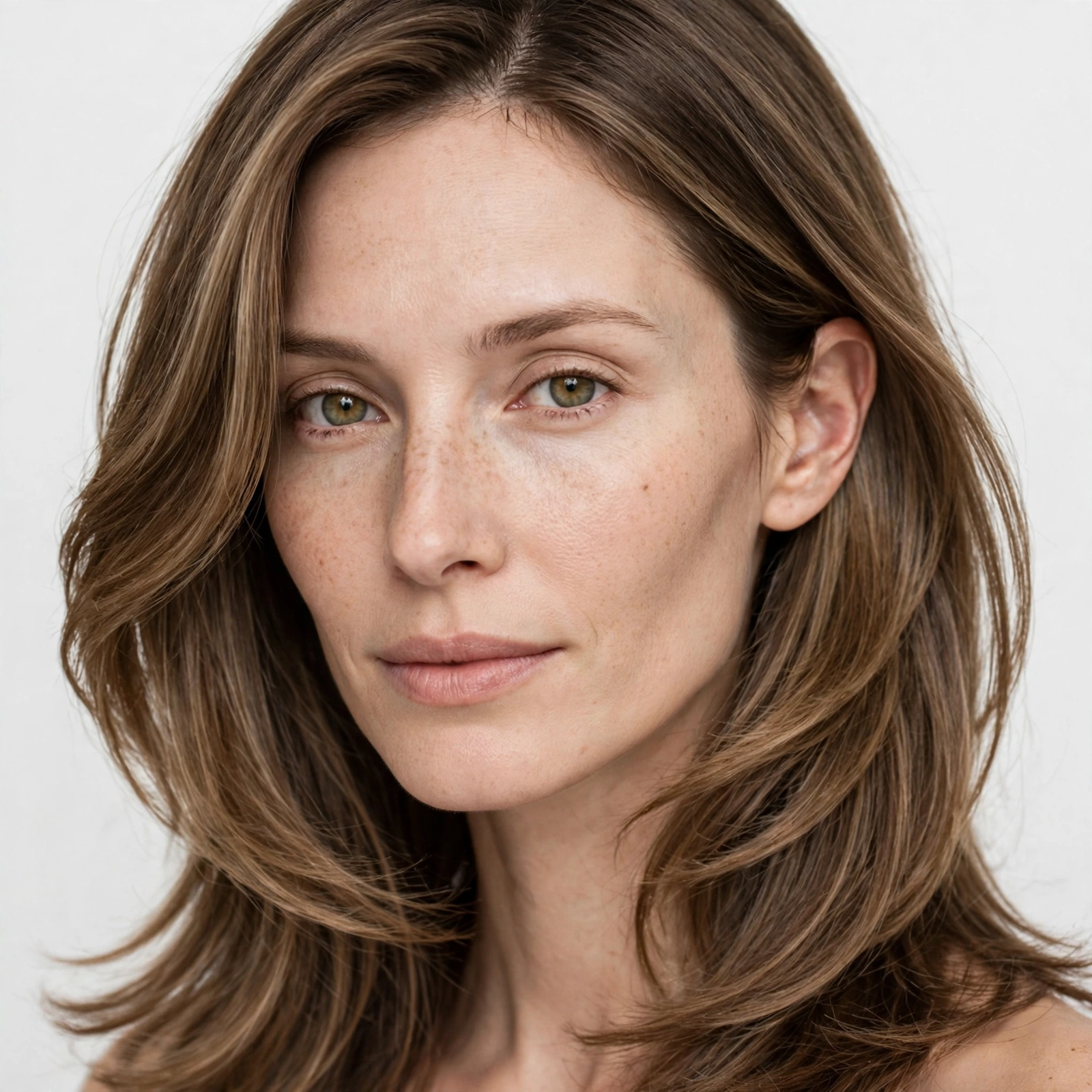 Close-up portrait of a woman with a long face and light brown hair with subtle highlights, her face-framing layers falling in soft, wide curves, photographed in a bright studio with a plain light background.