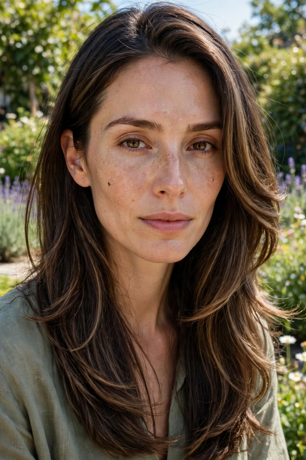 A woman with a long face and long hair with blended face-framing layers that add fullness at the sides, photographed outdoors on a bright day in a garden.