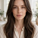 A woman with a diamond face and long hair with soft, evenly blended face-framing layers, photographed from the front in a bright, airy room with soft daylight, wearing a cream blouse.