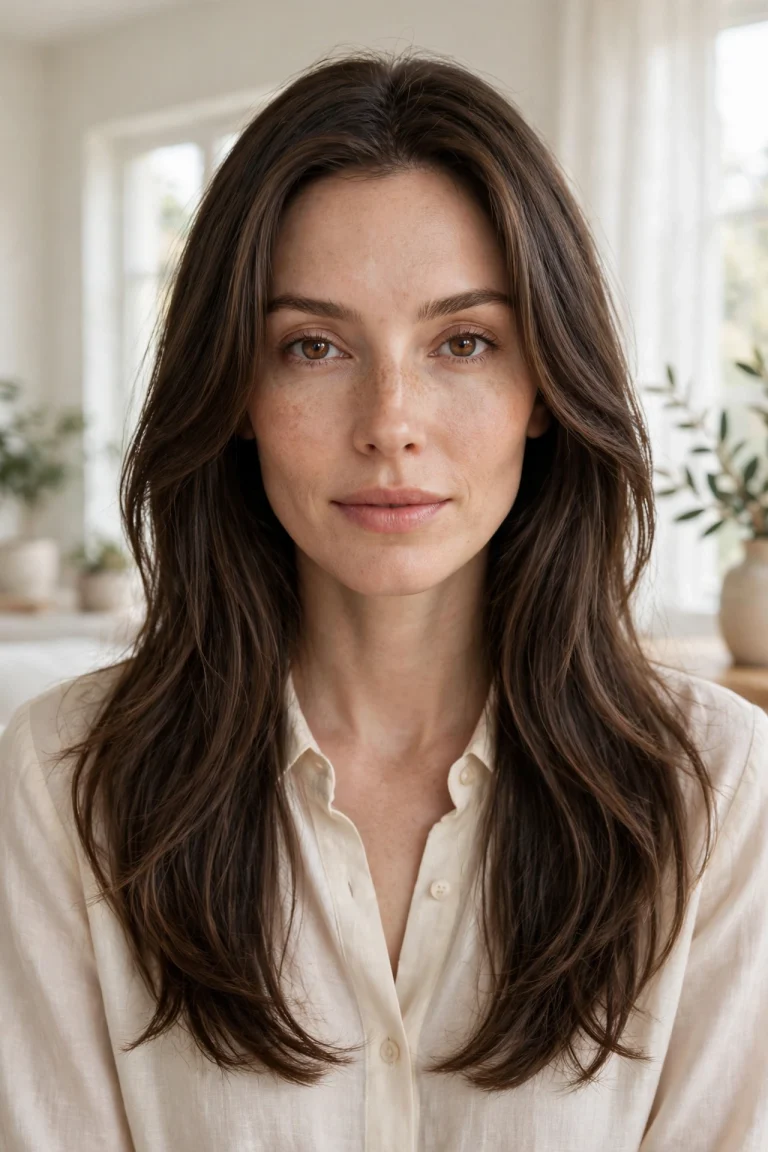 A woman with a diamond face and long hair with soft, evenly blended face-framing layers, photographed from the front in a bright, airy room with soft daylight, wearing a cream blouse.