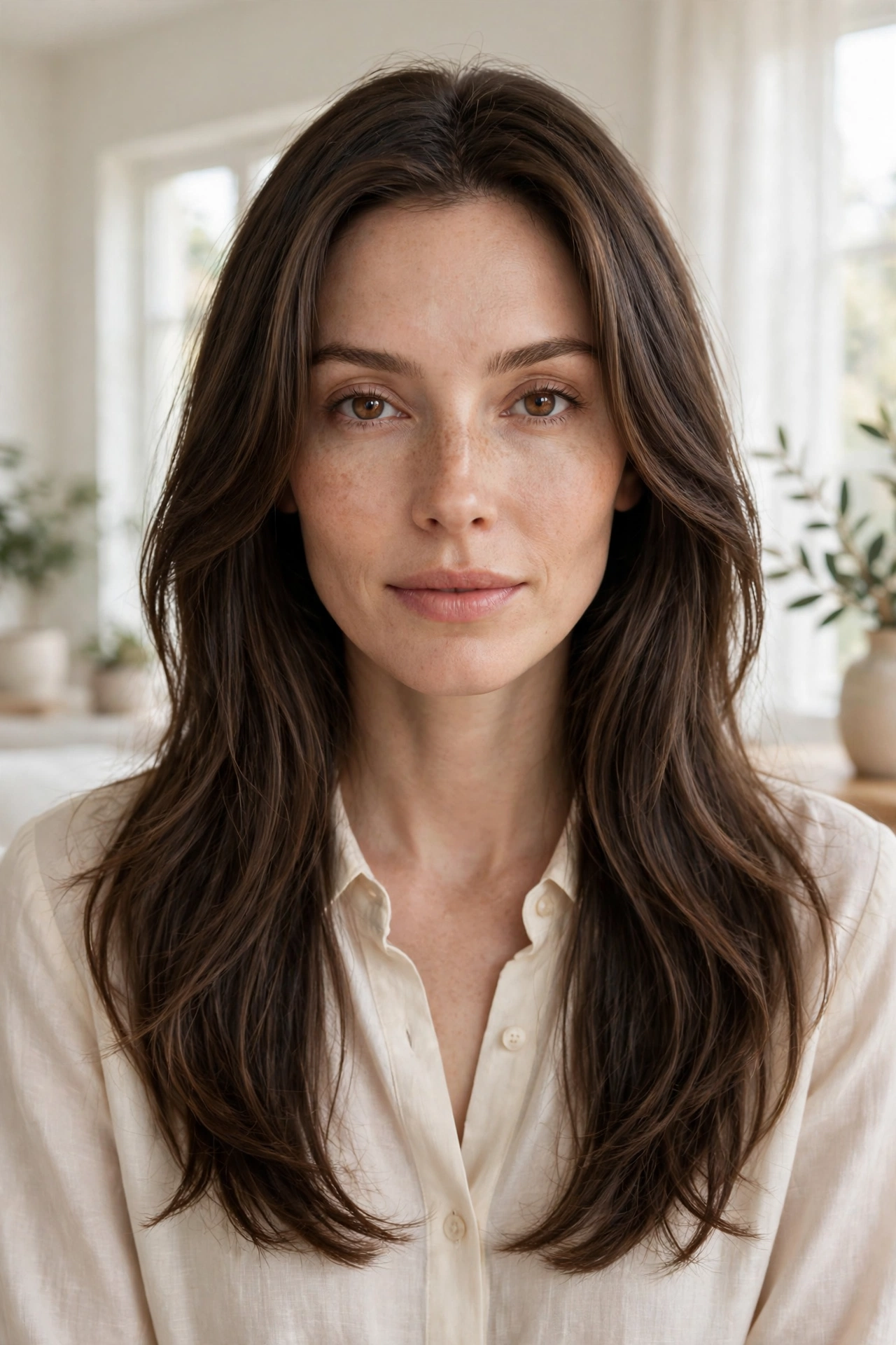 A woman with a diamond face and long hair with soft, evenly blended face-framing layers, photographed from the front in a bright, airy room with soft daylight, wearing a cream blouse.