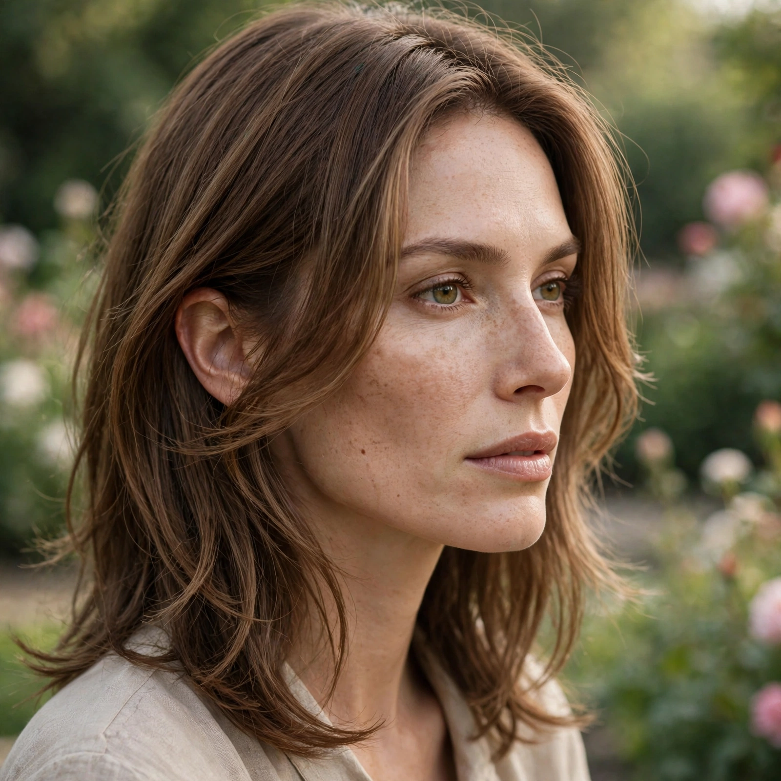 Three-quarter view of a woman with a diamond face, her face-framing layers falling gently past her cheekbones, photographed outdoors in gentle morning light against a blurred garden background, hair reading medium to shoulder-length.