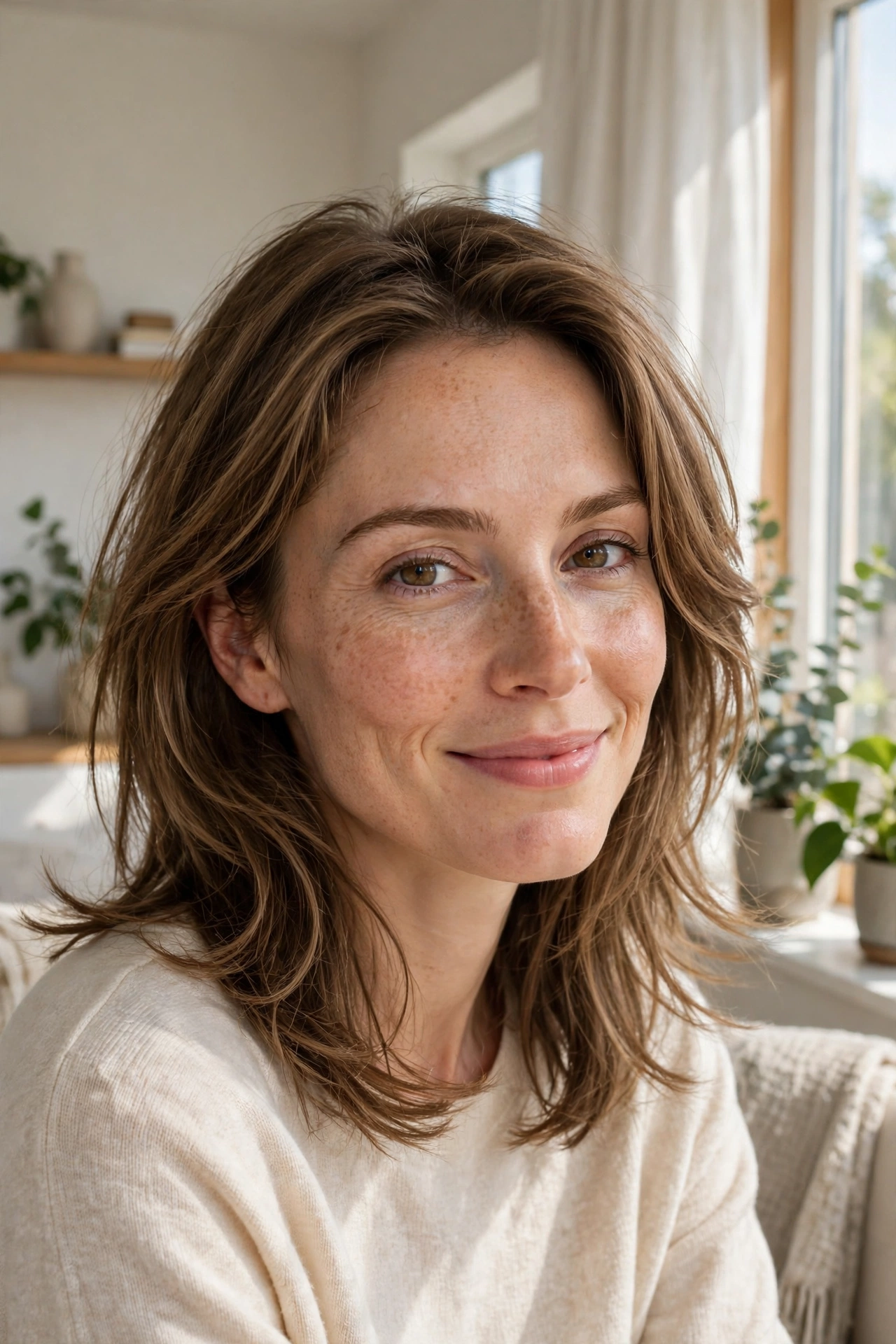 A woman with a diamond face and medium-length hair with a soft layered frame, smiling gently while seated near a sunny window in a bright modern home.