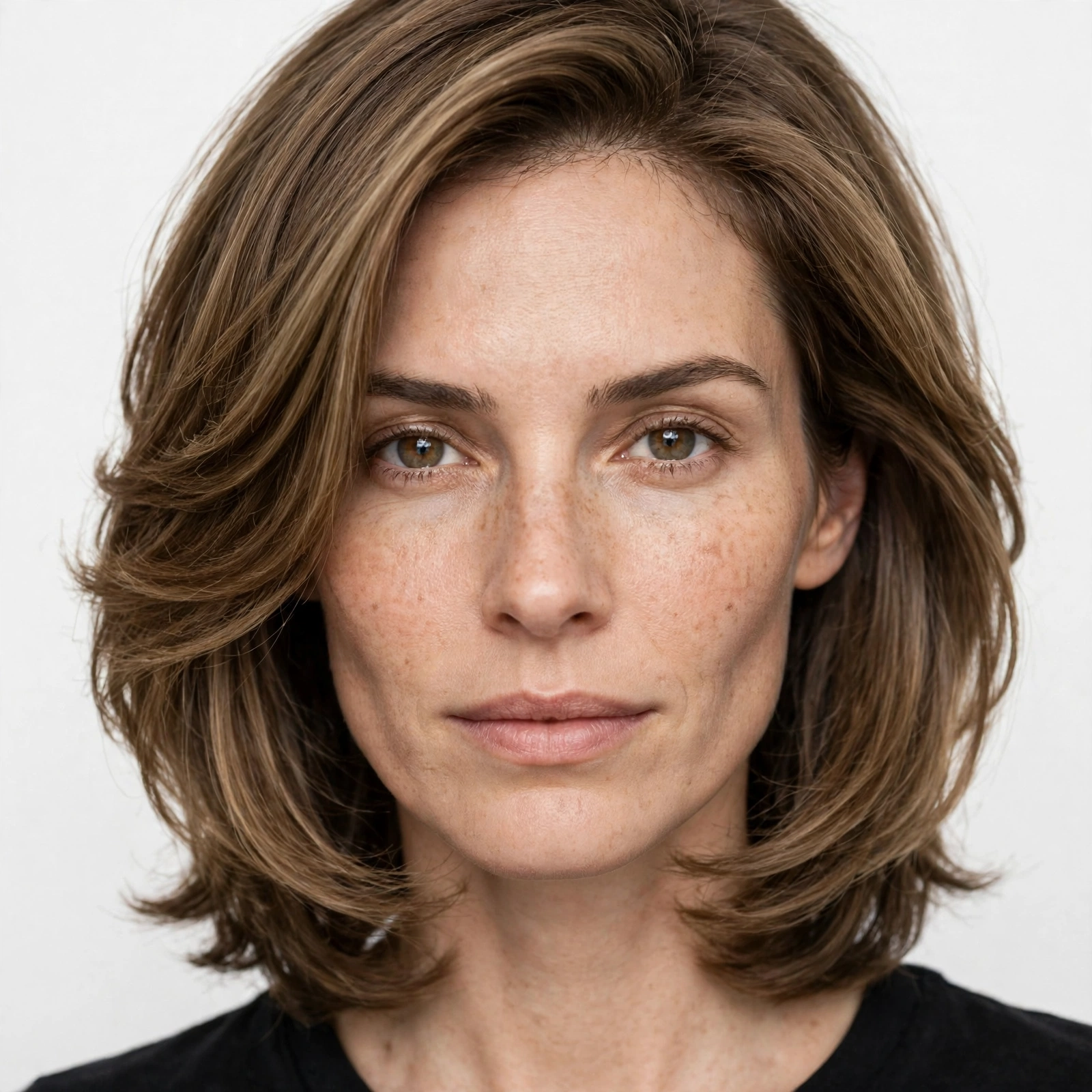 Close-up portrait of a woman with a diamond face and shoulder-length light brown hair, her layered frame curving softly around her cheekbones and jaw, photographed in a bright studio with a plain light background.
