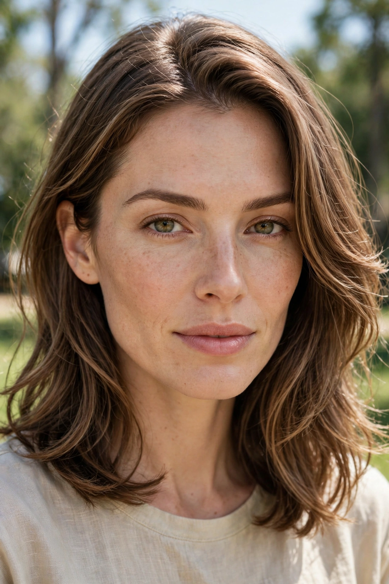 A woman with a diamond face and shoulder-length hair with flowing face-framing layers, photographed outdoors on a bright day with trees softly blurred behind her.