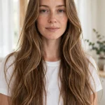 A woman with very long, flowing light-brown hair with subtle highlights and long face-framing layers starting at the collarbone, photographed from the front in a bright, airy room with soft daylight, wearing a simple white top.
