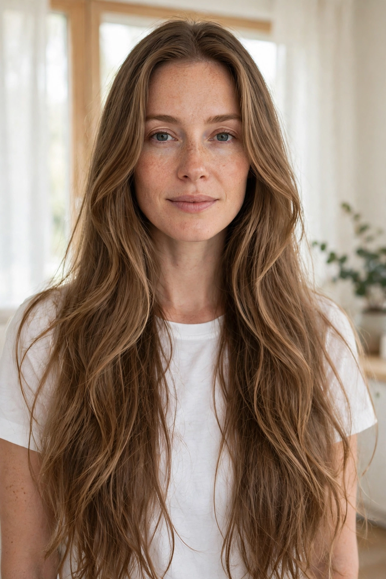 A woman with very long, flowing light-brown hair with subtle highlights and long face-framing layers starting at the collarbone, photographed from the front in a bright, airy room with soft daylight, wearing a simple white top.