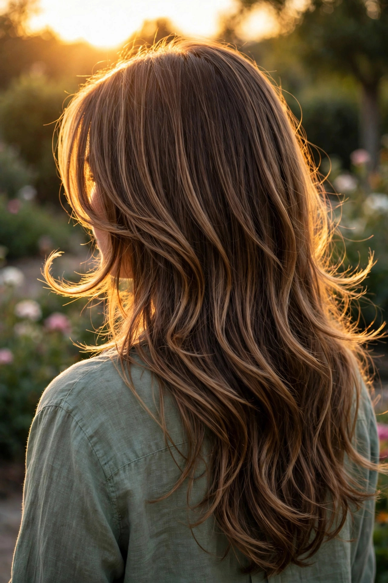 Back view of a woman with long, flowing layered medium-brown hair with lighter highlights, the face-framing pieces curving forward around her face, photographed outdoors in golden-hour light against a blurred garden background, wearing a green top.