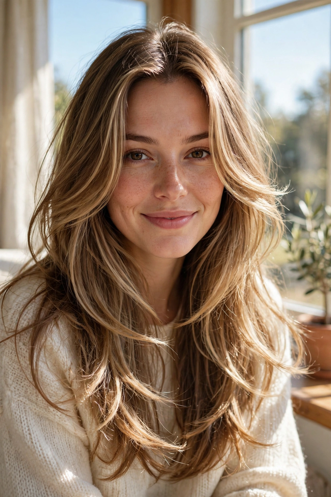 A woman with long, flowing blonde-highlighted light-brown hair and sweeping face-framing layers, smiling softly while seated by a sunny window, the layers catching natural light, wearing a cream knit top.