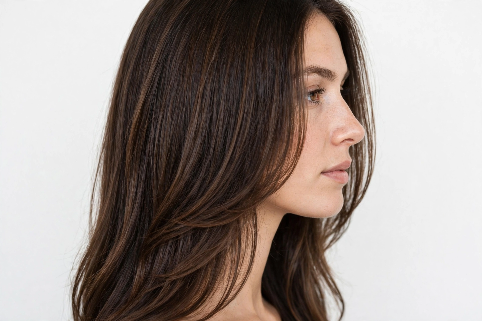 Side view of a woman with long dark-brown hair, her long face-framing layers falling in smooth, flowing lines, photographed in a bright studio with a plain light background.