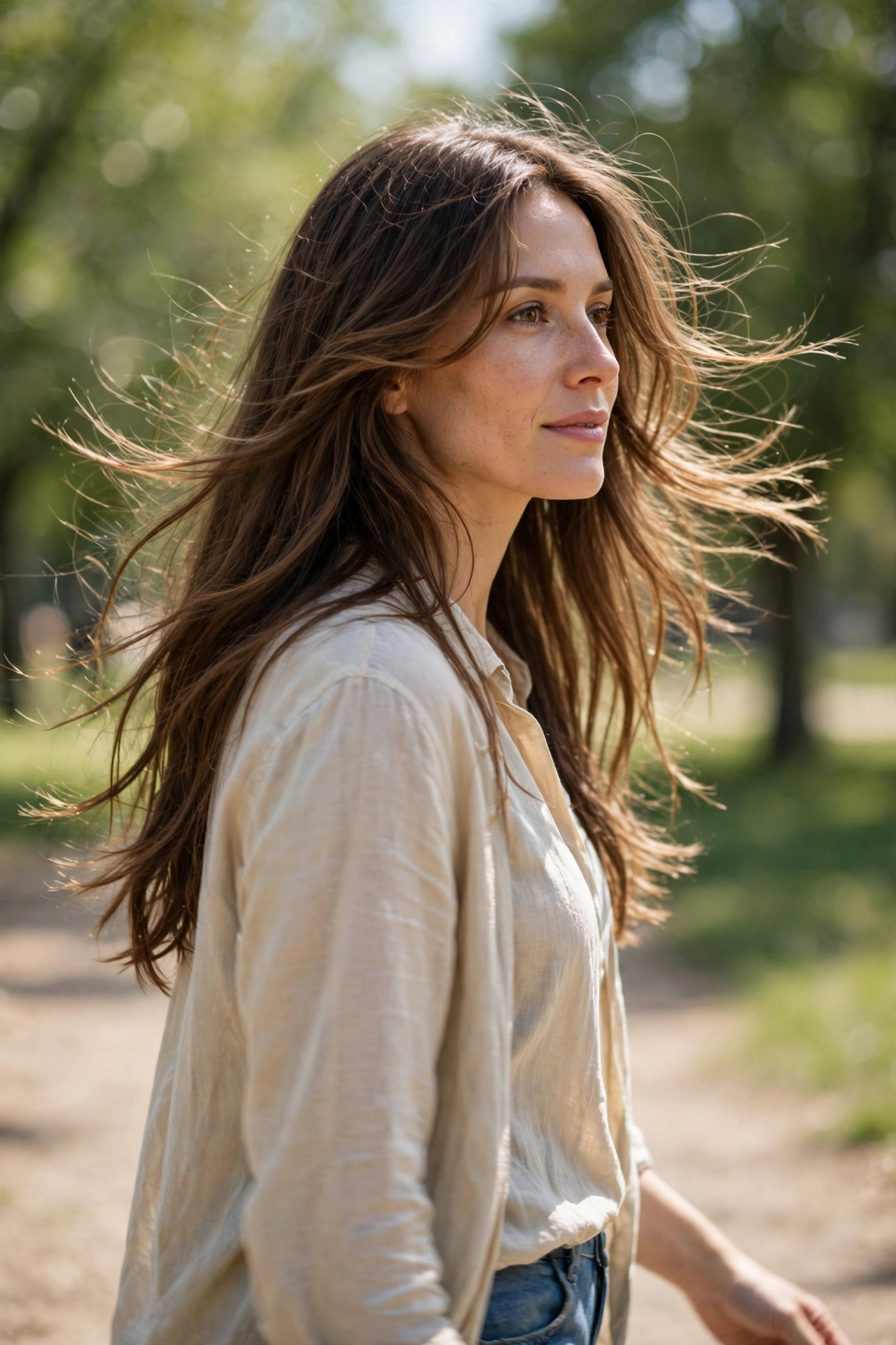 A woman with long, flowing medium-brown hair walking outdoors on a bright day, her face-framing layers moving gently in the breeze, with soft green trees blurred behind her, wearing a cream shirt.