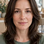 A woman with medium-length, shoulder-length dark-brown hair and soft face-framing layers, photographed from the front in a bright salon with soft daylight, wearing a muted green top.