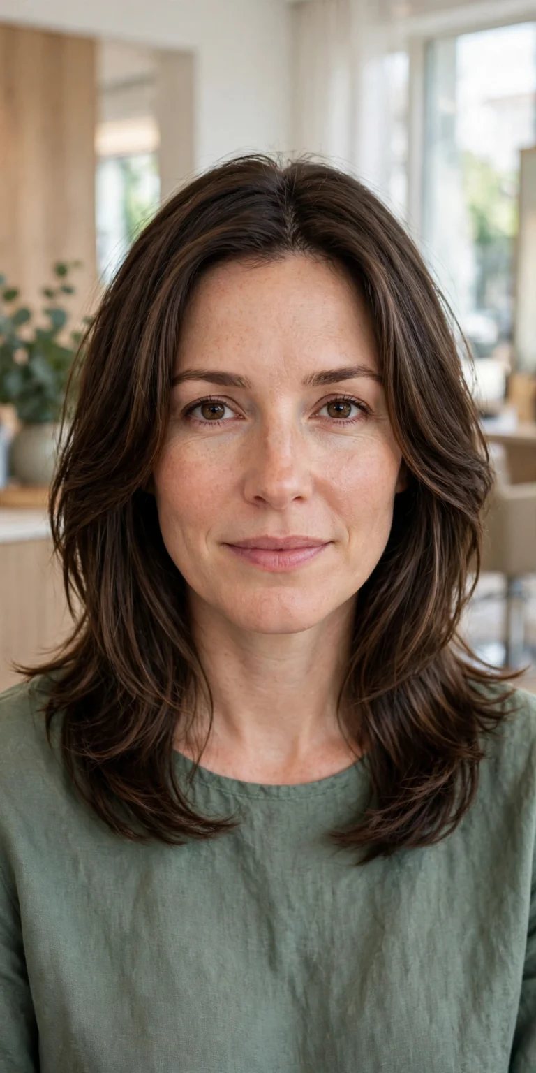 A woman with medium-length, shoulder-length dark-brown hair and soft face-framing layers, photographed from the front in a bright salon with soft daylight, wearing a muted green top.