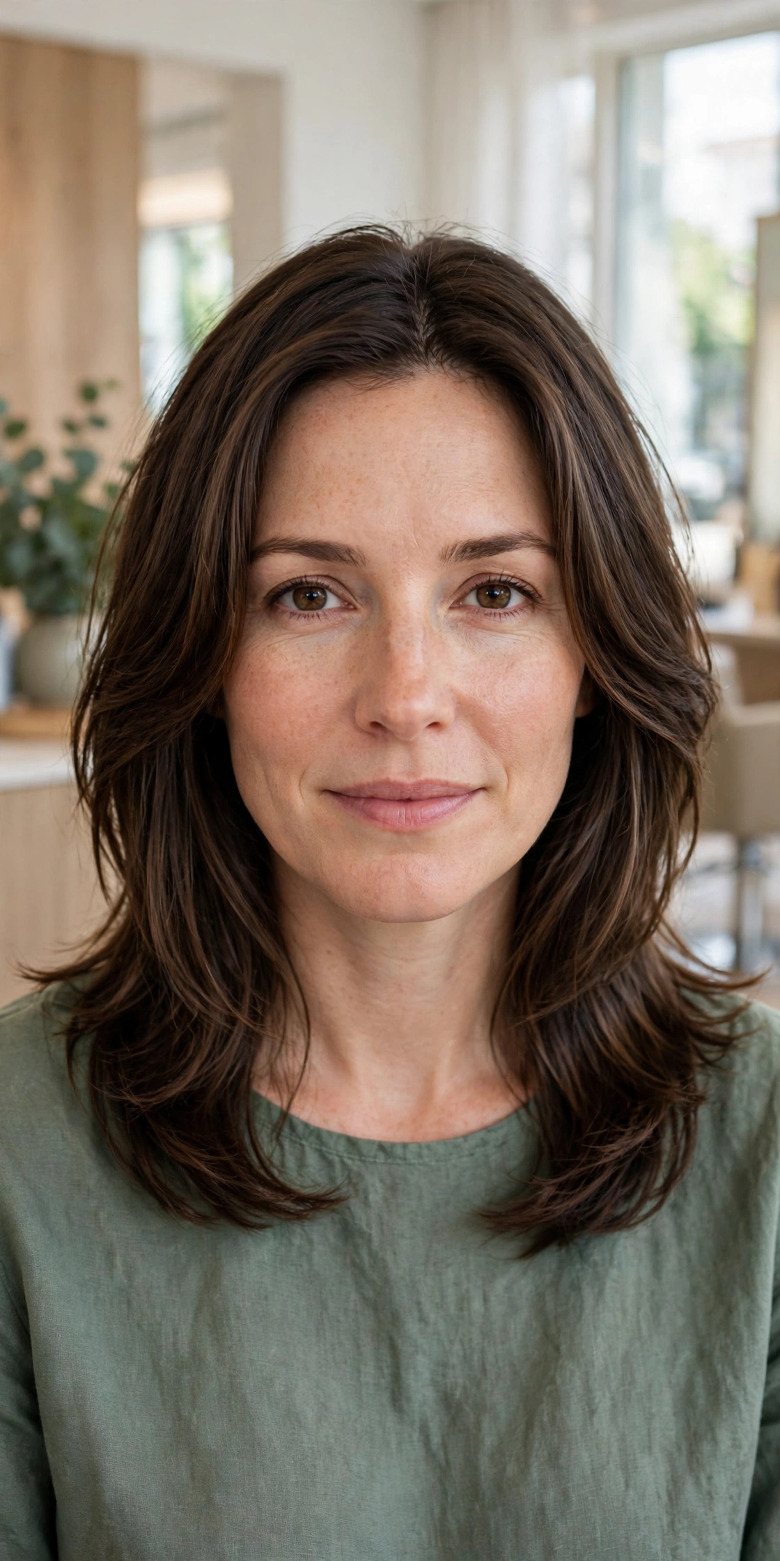 A woman with medium-length, shoulder-length dark-brown hair and soft face-framing layers, photographed from the front in a bright salon with soft daylight, wearing a muted green top.